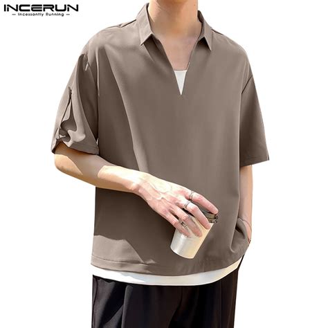 INCERUN Men S Short Sleeve Solid Color Collared V Neck Loose Fake 2PC