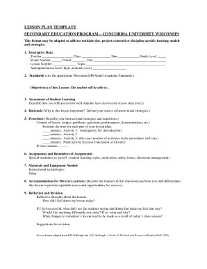 Fillable Online Falcon Cuw Lesson Plan Template Secondary Education