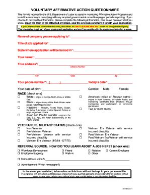 Fillable Online Voluntary Affirmative Action Questionnaire Fax Email