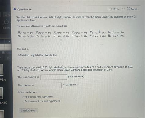 Solved Test The Claim That The Mean Gpa Of Night Students Is Chegg