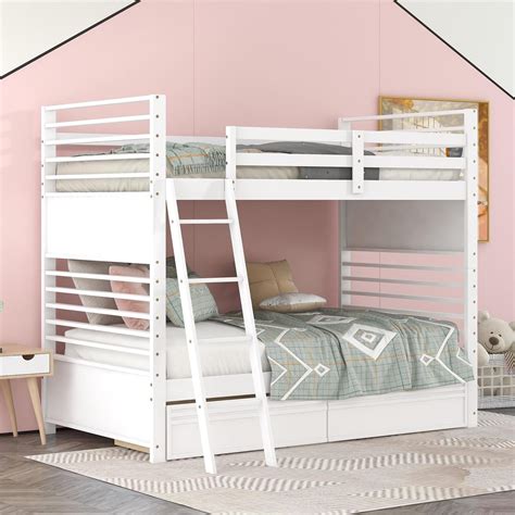 Twin Over Twin Bunk Bed With Two Storage Drawers Solid Wood Bunk Beds With Guardrails And