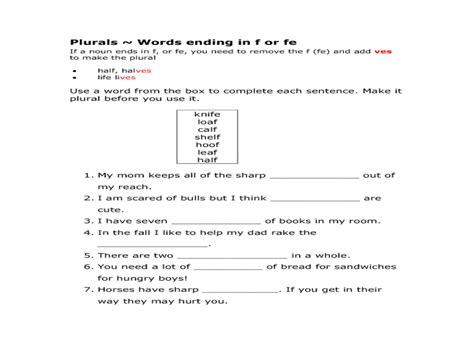 Plurals Words Ending In F Or Fe Worksheet For 2nd 4th Grade Lesson