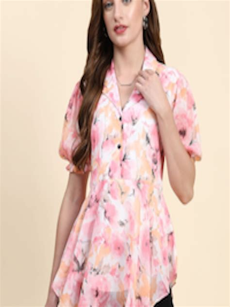 Buy Keri Perry Floral Printed Lapel Collar Puff Sleeves Georgette High