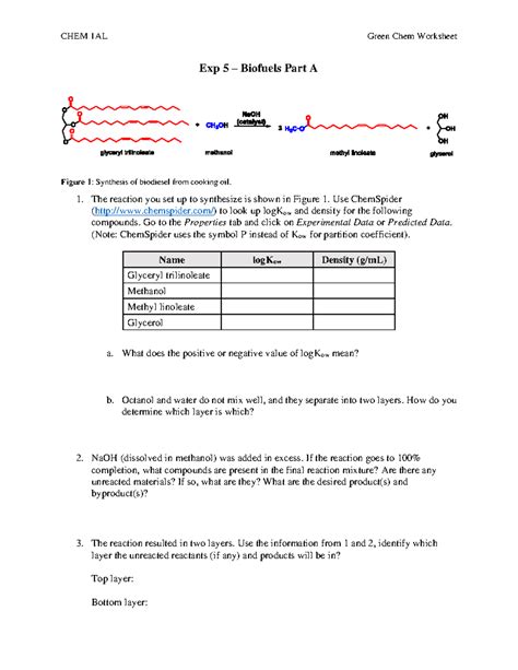 Exp Biofuels Pt A Green Chem Worksheet Chem Al Green Chem