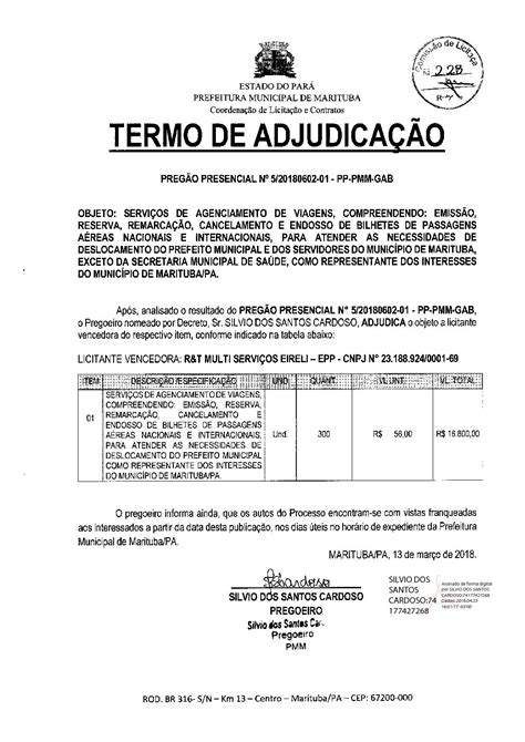 Termo De Adjudicacao Prefeitura Municipal De Marituba Pa