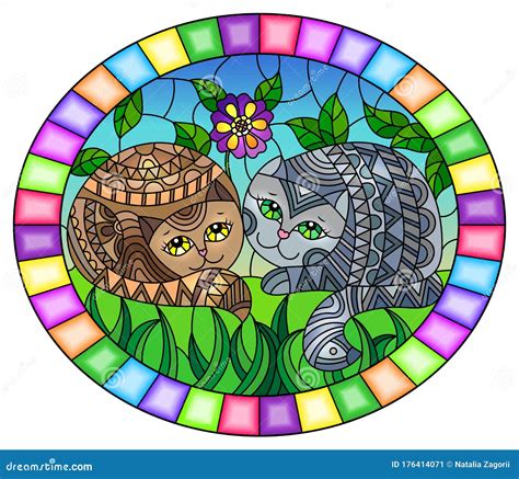 Illustration In Stained Glass Style With A Pair Of Cute Cats On A Background Of Meadows Bright