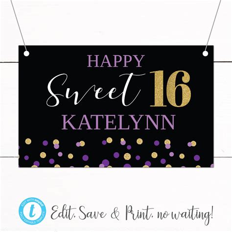 Gold Purple Glitter Sweet 16 Birthday Party Banner – Taylor George Designs