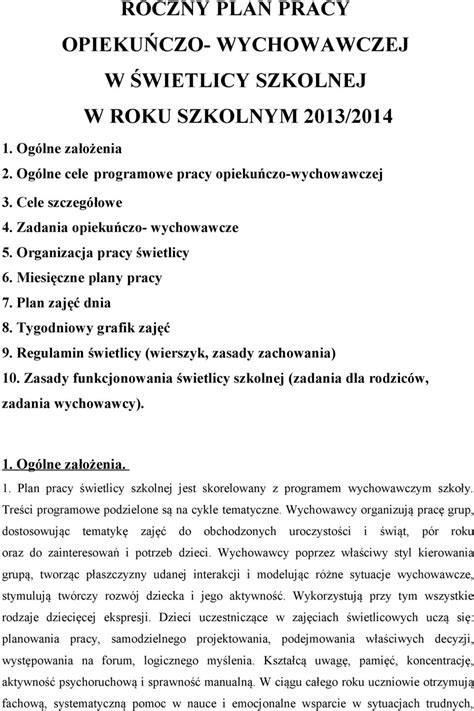 ROCZNY PLAN PRACY OPIEKUŃCZO WYCHOWAWCZEJ W ŚWIETLICY SZKOLNEJ W ROKU