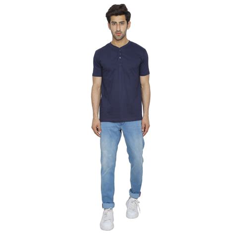 Plain Navy Blue Cotton Ripped Henley Neck Half Sleeve T Shirt At Rs 200