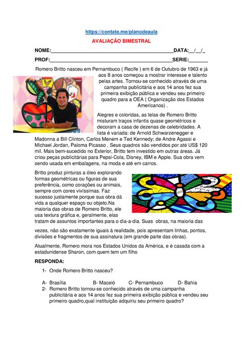 Atividade Sobre Romero Britto Gabarito BRAINCP