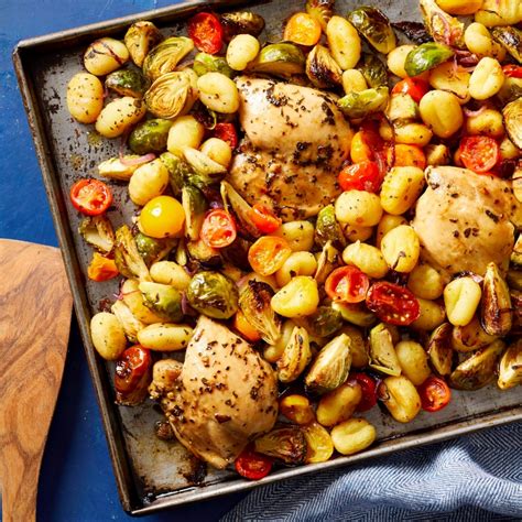 Sheet Pan Mediterranean Chicken Brussels Sprouts And Gnocchi Recipe