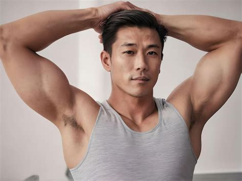 Premium Photo Muscular Asian Guy In Grey Tank Top Showing Off Armpits