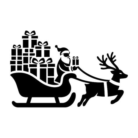 A Black And White Drawing Silhouette Of A Reindeer Sleigh With A Santa On The Back Premium Ai