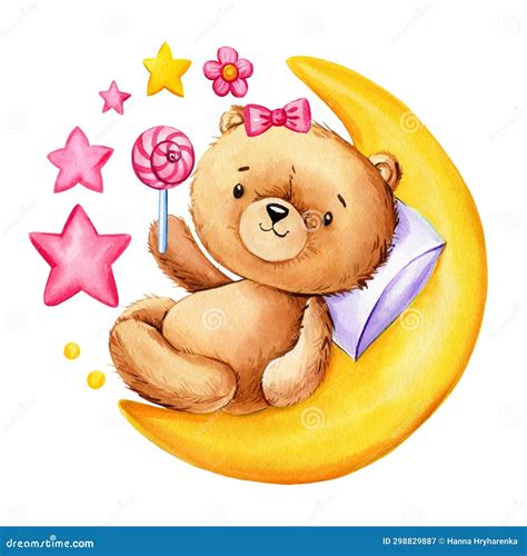 Cute Teddy Bear With Star Lollipop And Moon Isolated On White