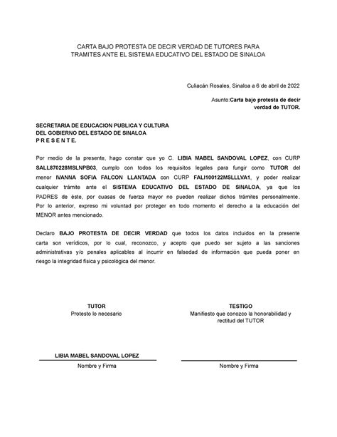 Ejemplo De Declaracion Bajo Protesta De Decir Verdad