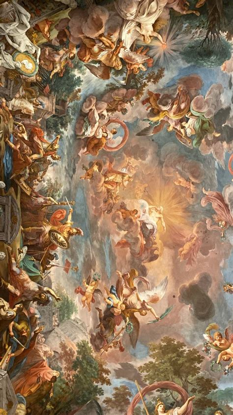 An Ornate Painting On The Ceiling Of A Building With Angels And Other