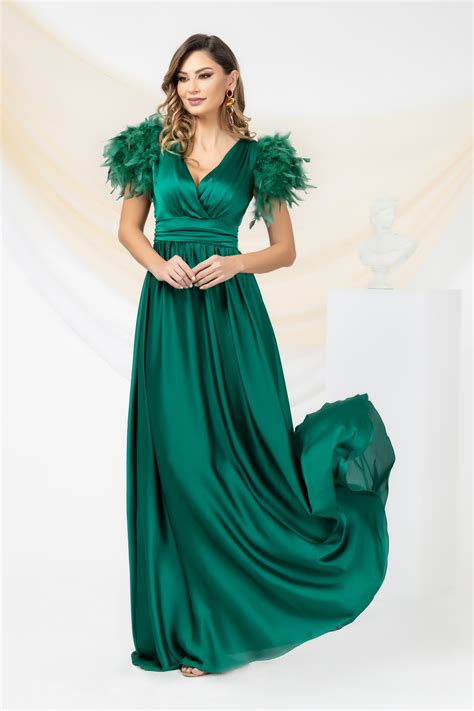 Darkgreen Dress From Veil Fabric Long Cloche Feather Details