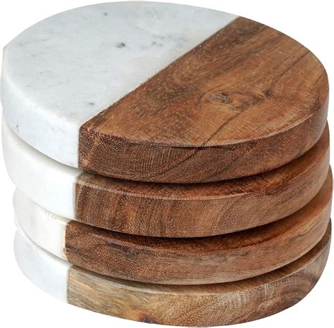 Marble And Wood Coaster Set Round Shape Coaster Dining Table Etsy