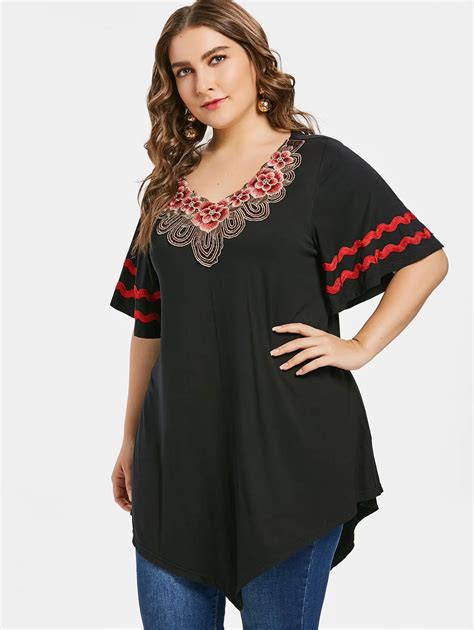 Joineles Plus Size Embroidery Women T Shirt Floral Print V Neck Half Sleeve Irregular Summer T