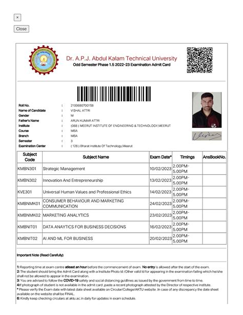 Admit Card Close Dr A P Abdul Kalam Technical University Odd