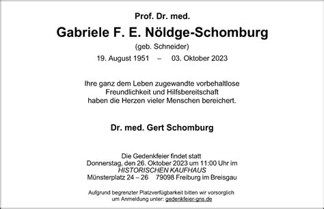 Traueranzeigen von Gabriele F E Nöldge Schomburg trauer anzeigen de