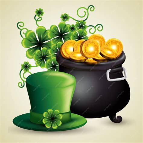 Free Vector St Patricks Day Cauldron Wit Golden Coins And Hat