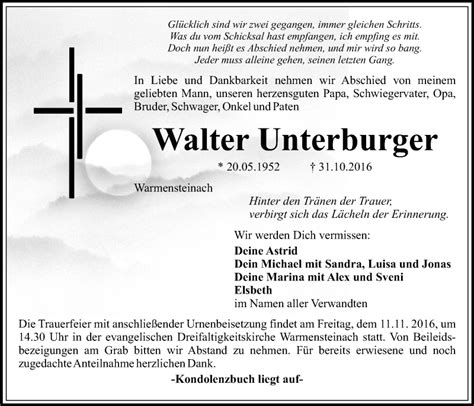 Traueranzeigen Von Walter Unterburger Nordbayerischer Kurier