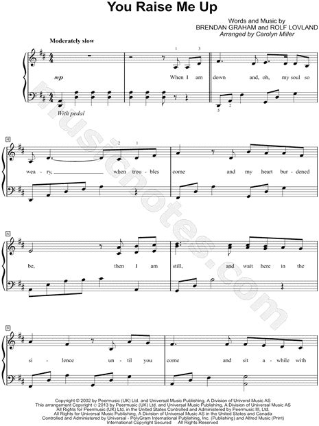 Josh Groban You Raise Me Up Sheet Music Easy Piano In D Major