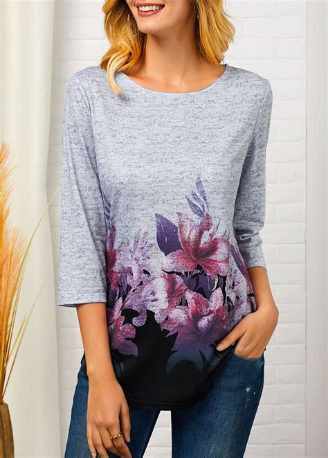 Flower Print Curved Hem Three Quarter Sleeve T Shirt Usd 2732 Trendy Tops