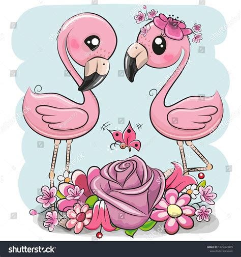 Two Cute Cartoon Flamingos With Flowers On A Blue Background Dibujos