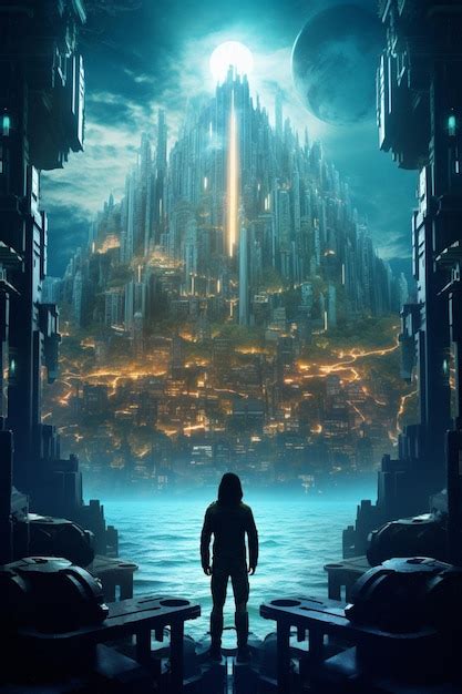 Premium Photo Futuristic City With A Man Standing In Front Of A Giant