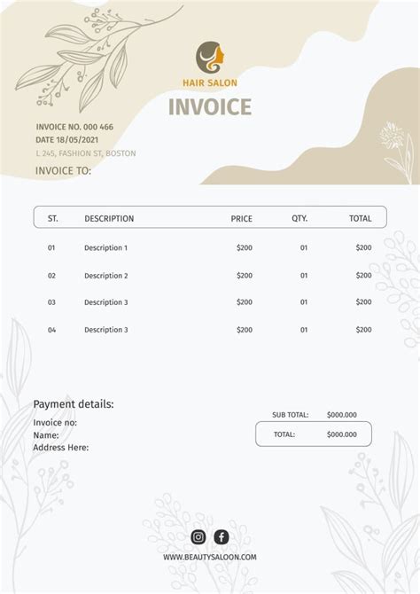 Edit Free Floral Hair And Beauty Salon Invoice Template