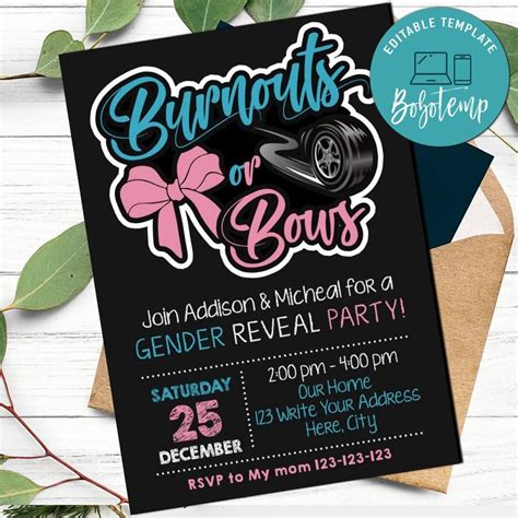 Printable Burnouts Or Bows Gender Reveal Invitation DIY Createpartylabels