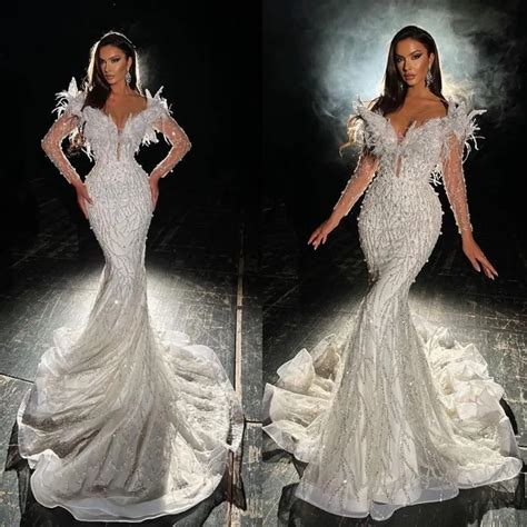 Custom V Neck Mermaid Wedding Dress Luxe White Lace Illusion Beads