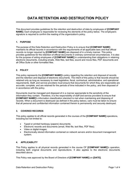 Data Retention And Destruction Policy Template Download