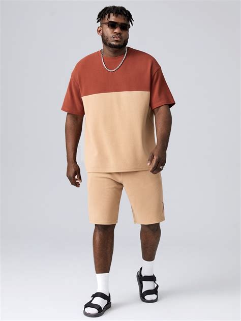 Extended Sizes Men Two Tone Drop Shoulder Tee Drawstring Waist Shorts