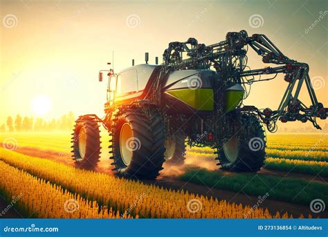 Agricultural Tractor With Large Wheels Drives Through Farm Field And