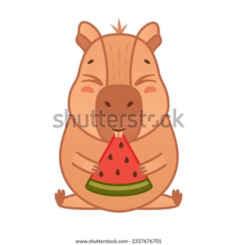 Cute Capybara Character Eats Watermelon Cartoon Stock Vector (Royalty ...