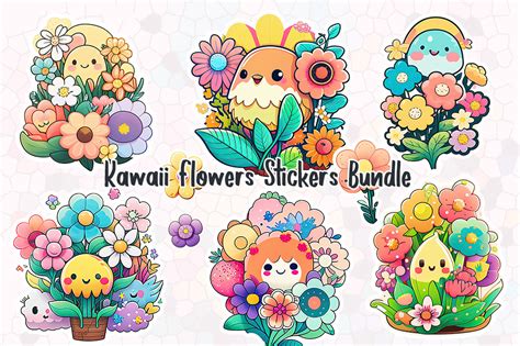 Kawaii Flowers Stickers Bundle Graphic by Aspect_Studio · Creative Fabrica