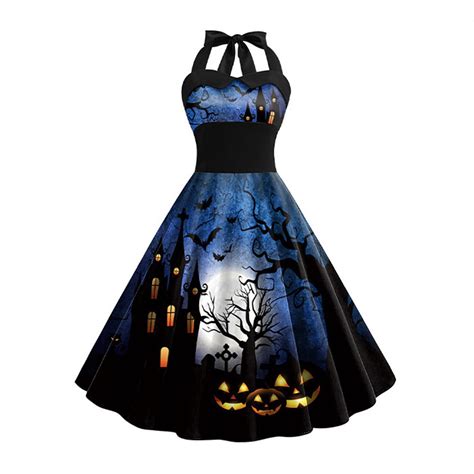 Lrjteng Helloween Pumpkin Printed Women Sleeveless Halter Neck Dress Vintage Swing Dresses Black