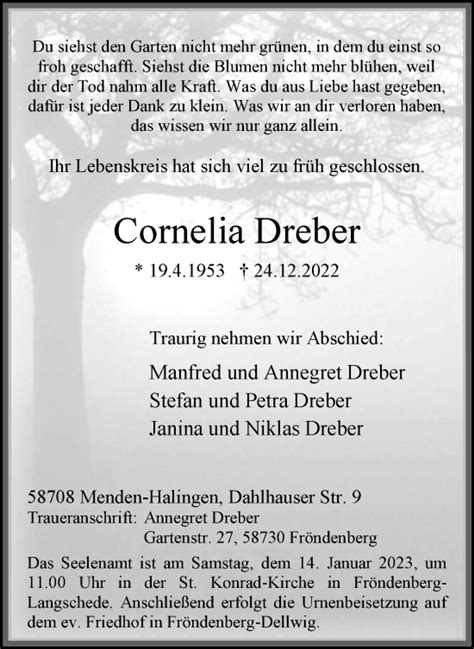 Traueranzeigen Von Cornelia Dreber Trauer In Nrw De