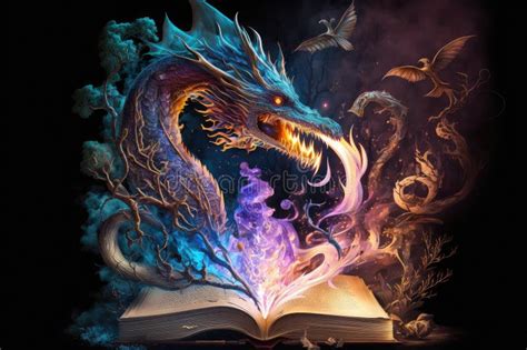 A Book with a Dragon on the Cover, Breathing Fire and Casting Spells. Stock Illustration ...