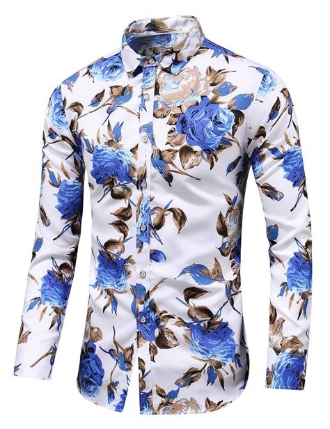 Leftgu Mens Slim Fit Floral Printed Beach Hawaiian Button Down Dress