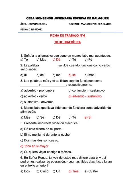 Tarea Tilde diacrítica CEBA MONSEÑOR JOSEMARIA ESCRIVA DE BALAGUER