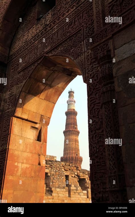 architecure details  qutab minar complex  delhi india stock