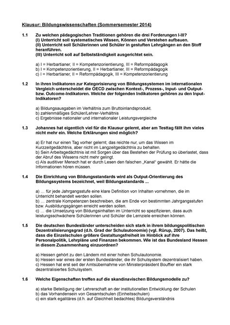 Klausur BW A So Se 2014 Klausur Bildungswissenschaften