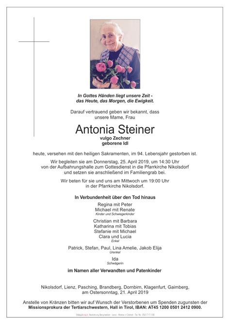 Todesanzeige Antonia Steiner Trauer Link