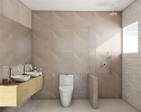 Spacious Grey And Beige Bathroom Design Livspace