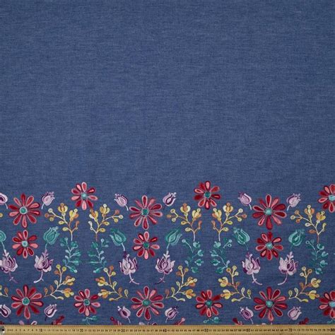 Floral Embroidered Hem Denim Fabric