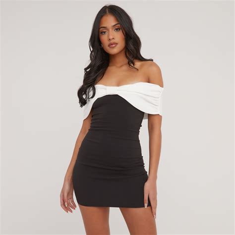 Bardot Contrast Bow Detail Mini Bodycon Dress In Black Ego